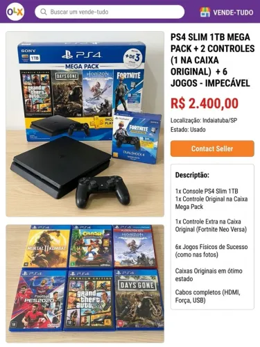 PlayStation 4 Slim 1TB Mega Pack + 2 Controles Originais + 6 Jogos Físicos