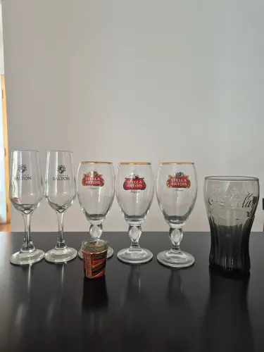 Conjunto de Taças e Copos: 3 Stella, 2 Salton, 1 Coca-Cola, 1 Shot Machu Picchu