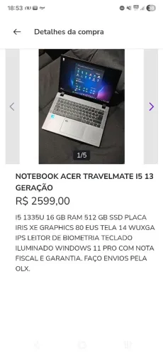 Notebook acer travelmate i5 13° geração
