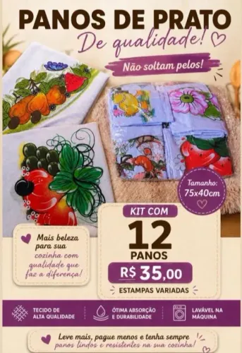 Kit com 12 panos pratos estampado 40x75