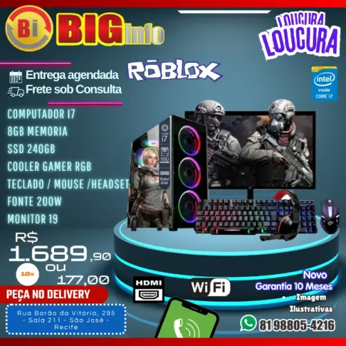 Computador i7 8Gb /SSD 240gb/Cooler Gamer Teclado Mouse Headset Monitor 19 Led Em ate 10x