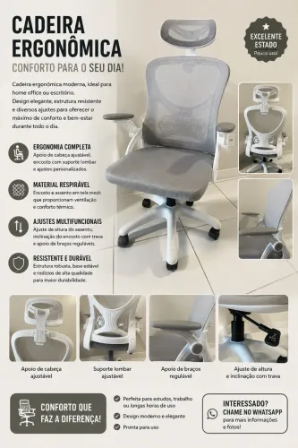 Cadeira Ergonômica de Escritório Branca com Apoio de Cabeça e Suporte Lombar Ajustável