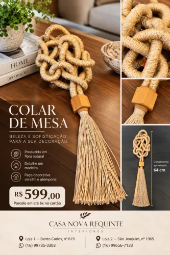 Colar de Mesa em Fibra Natural com Detalhe em Madeira e Tassel
