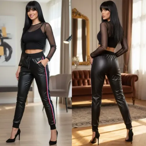 Calça jogger cirrê com bolsos e listras lateral feminina
