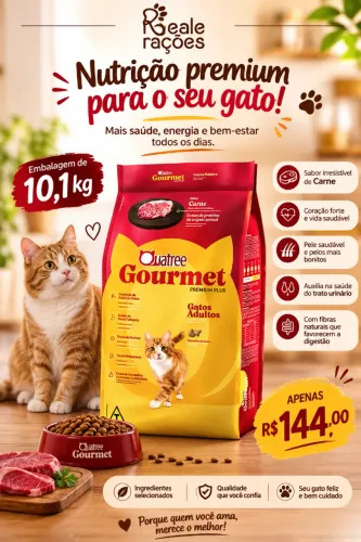 Ração Quatree Gourmet gatos adultos 10,1kg sabor carne + entrega grátis