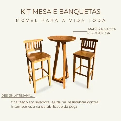 Conjunto Mesa Alta Com Banquetas Em Madeira maciça peroba rosa