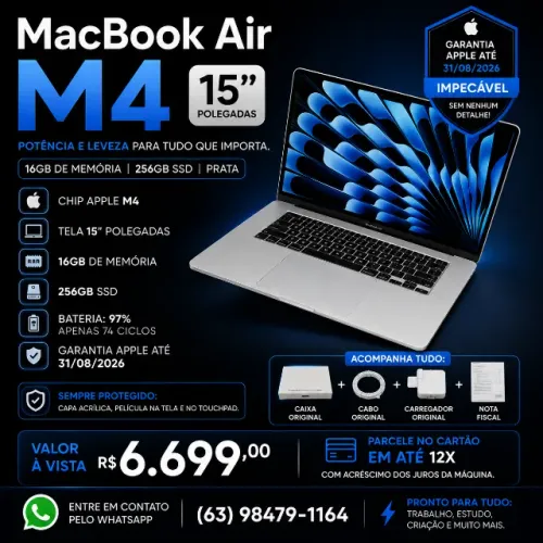 MacBook Air M4 16Gb - 256Gb - 15 Polegadas - Prata
