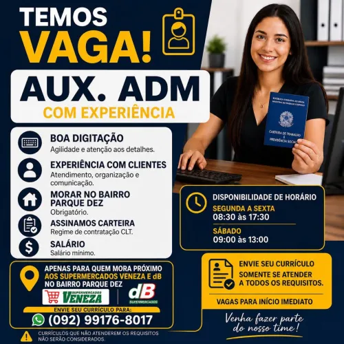 Vaga Aux adm pra trabalhar no parque dez