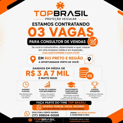 VAGAS DE EMPREGO. GANHE 3 a 7 MIL REAIS!!! Vagas abertas! Vagas para Consultor de Vendas