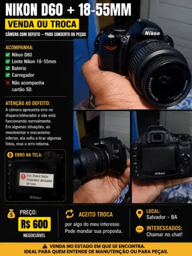 ? Nikon D60 + 18-55mm ? R$ 600<br>VENDO OU TROCO ? LEIA A DESCRIÇÃO