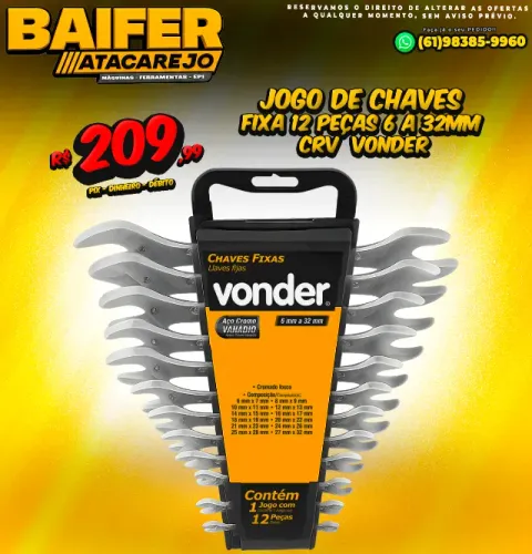 Jogo de Chaves Fixa 12 Peças 6 a 32mm CRV  Vonder