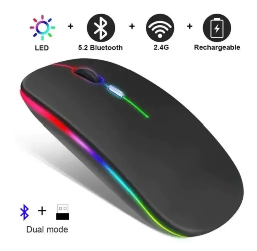 Mouse sem fio Recarregáve Wi-Fi Bluetooth Led RGB de modo duplo Ergonômico