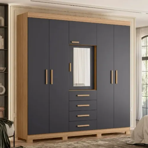 Guarda Roupa Virtus com 6 Portas e 4 Gavetas Albatroz - Nature/Titanium