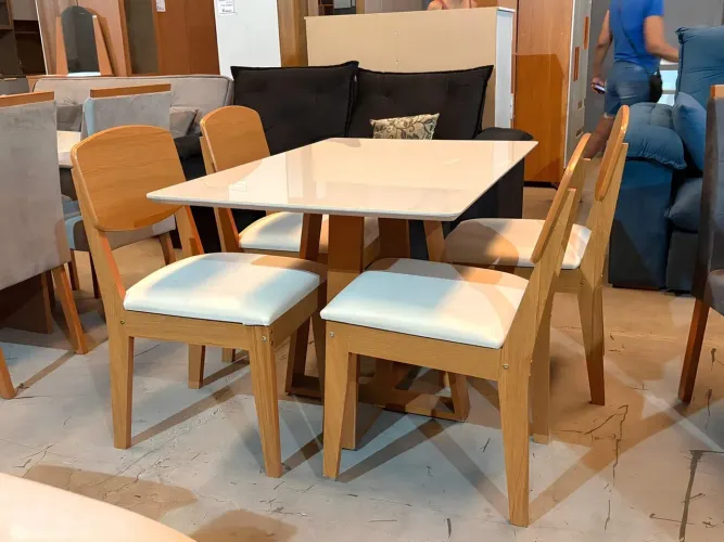 Mesa Pedro 120 Mel/Off White com 4 Cadeiras Havana Veludo Creme