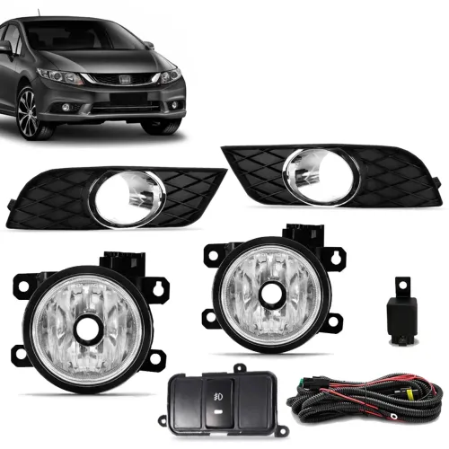 Kit Farol de Milha Civic 2015 2016 Botão Modelo Original Moldura Preto
