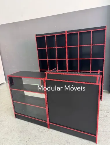 Balcão Caixa + Balcão Vitrine + 2 Colmeias - Fitados Colorido - MDF Preto