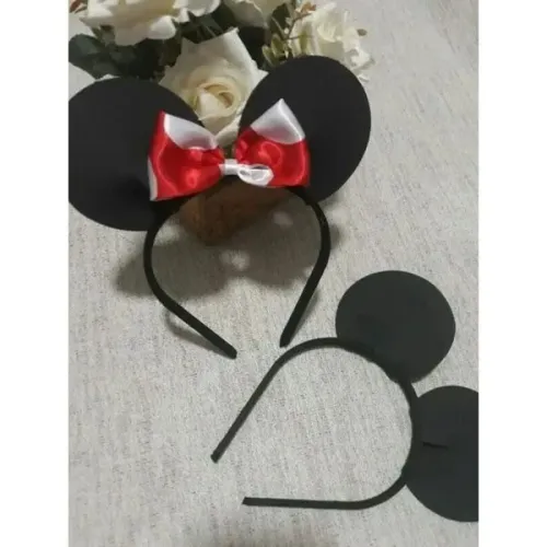 tiara minnie laço verm. bolinhas brancas kit c/ 09 Minnie e 09 Mickey orelha