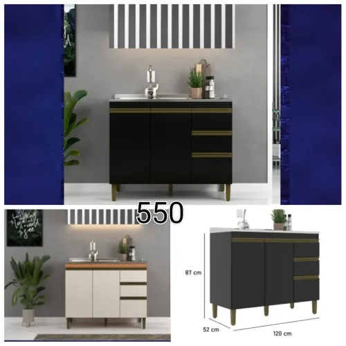 Armário de Cozinha 120cm Preto com Detalhes Dourados
