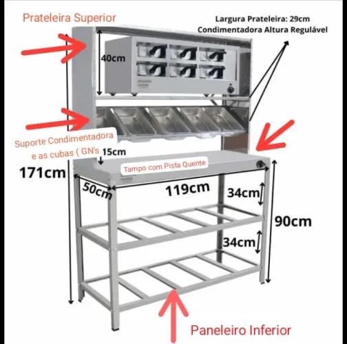 Condimentadora com Pista Quente e Prateleira Superior