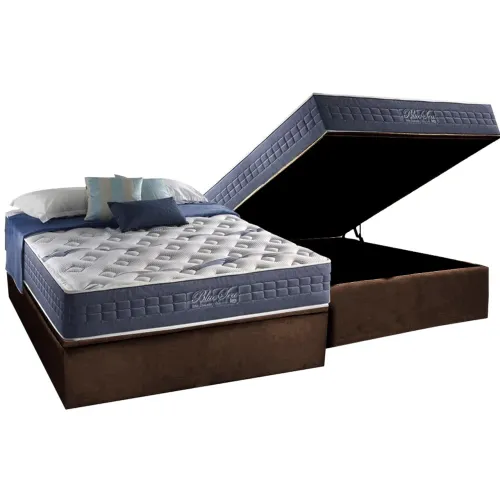 Colchão Casal Blue Sea D28 + Base Box Baú Marrom tt43