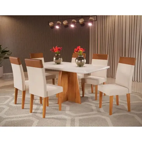 Mesa de Jantar Viena 160x90cm com 6 Cadeiras Turim Tecido Linho