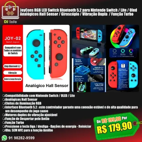 JoyCons RGB Switch Bluetooth 5.2 para Nintendo Switch / Lite / Oled Analógicos Hall Sensor
