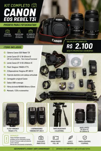 Kit Canon EOS Rebel T3i Completo + 2 Lentes + Flash + Tripé