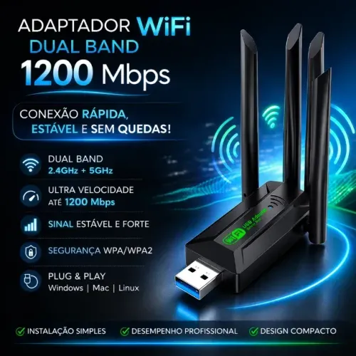 Adaptador WiFi Dual Band 1200 Mbps USB - Alta Velocidade 2.4Ghz/5Ghz