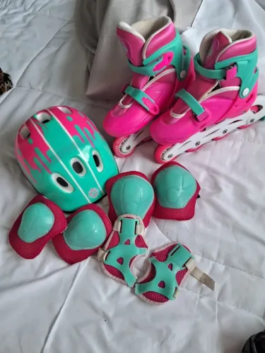 kit completo patins rosa e verde água <br> tamanho 34 a 37