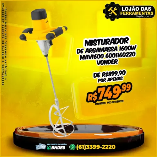 Misturador Elétrico de Argamassa 1600w MAV1600 6001160220 Vonder