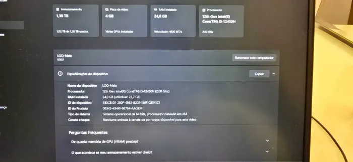 Notebook Gamer LOQ - i5 12ª gen - RTX 2050 - 24gb RAM