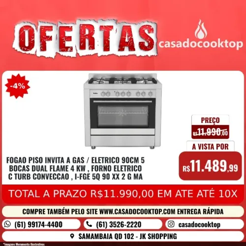 FOGAO PISO INVITA A GAS/ELETRICO 90CM 5 BOCAS DUAL FLAME 4KW, FORNO ELETRICO C/ TURB CONVE