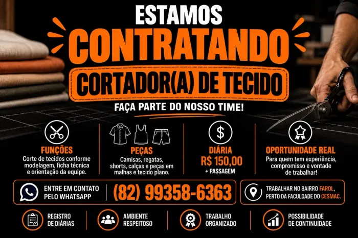 Vaga para Cortador(a) de Tecido | Trabalho por Diária | R$ 150 + Passagem