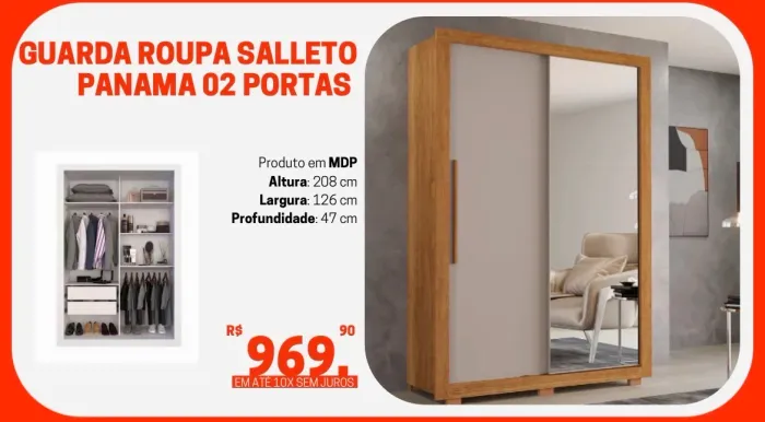 Guarda-Roupa 2 Portas com Espelho Salleto Panamá - Novo - Entrego