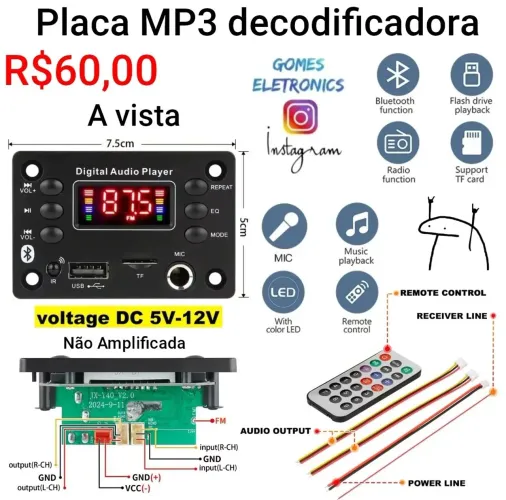 Placa decodificadora Mp3 P/ caixa usb radio bluetooth P10