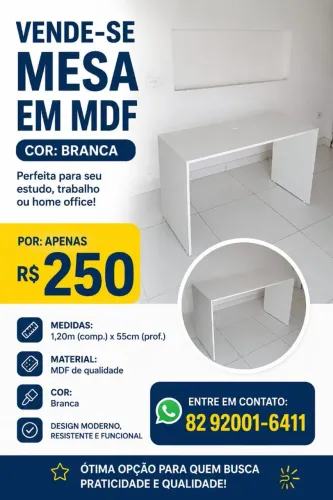 Mesa em  MDF 120x55 seminova na cor branca 