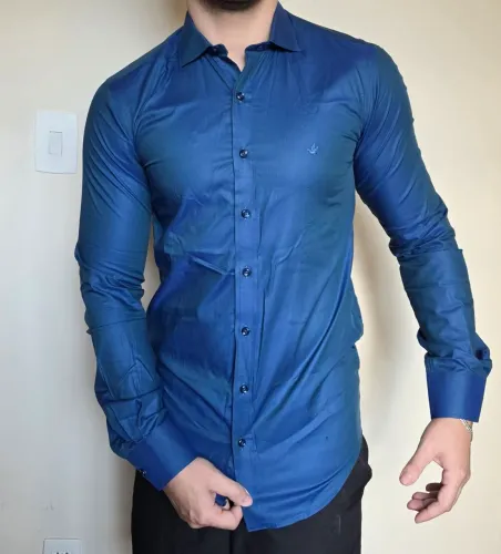 Camisa Social Brooksfield Slim Fit 100% Pima Cotton Azul Indigo