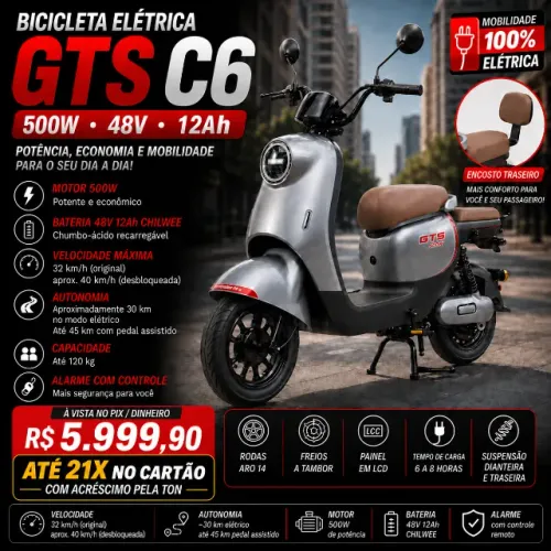 Bicicleta Elétrica GTS C6 500W 48V 12Ah Aro 14 Nova