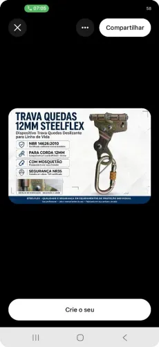 Trava Quedas Deslizante 12mm SteelFlex TQ 0502 + Mosquetão - NBR 14626:2010<br>