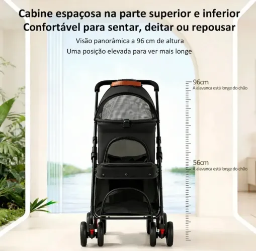 Carrinho Pet Duplo Dobrável 2 Andares para Cães e Gatos