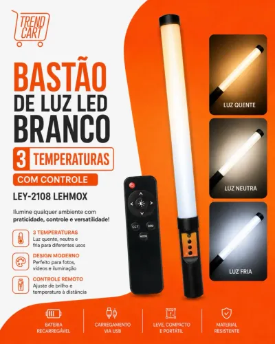Bastão de Luz LED Branco de 3 Temperaturas com Controle LEY-2108 Lehmox