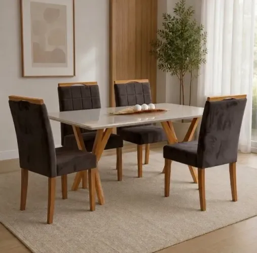 Conjunto de Jantar Verona Cinamomo Off White com 4 Cadeiras Veludo Marrom