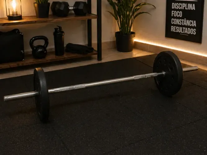 Barra montada com anilhas para academia e musculação