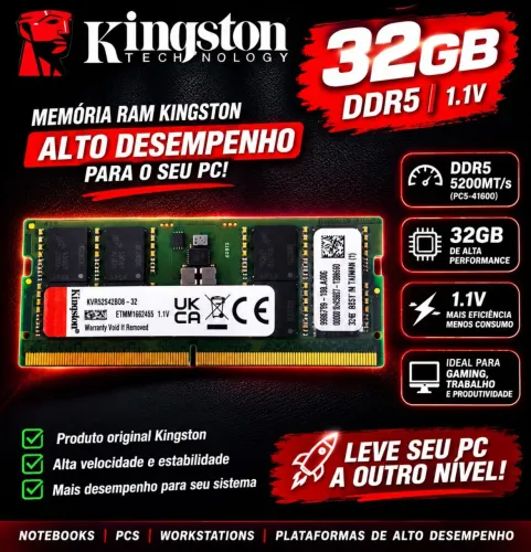 MEMÓRIA RAM 32GB DDR5 DA KINGSTON - 5200mhz
