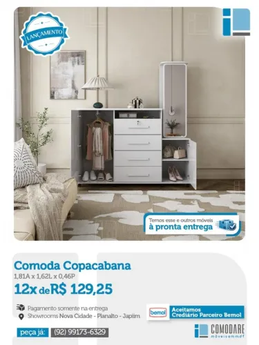 Cômoda Copacabana com Espelho e Cabideiro | Multiuso | Pronta Entrega | Comodare