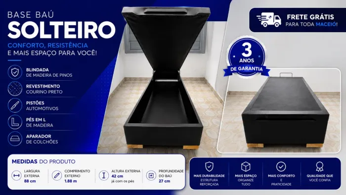 Box Baú Solteiro 88 x 1.88 x 42 cm Com Pés Em L de Madeira 