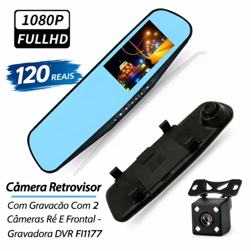 Camera Retrovisor Com Gravação Com 2 Câmeras Ré E Frontal - Gravadora Dvr FI1177