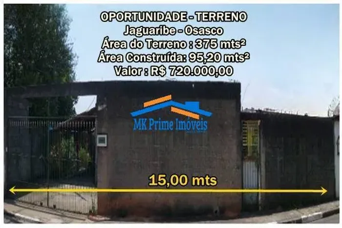 Terreno 375 mt² 15 mts de frente x 25 mts fundos - Jaguaribe - Osasco