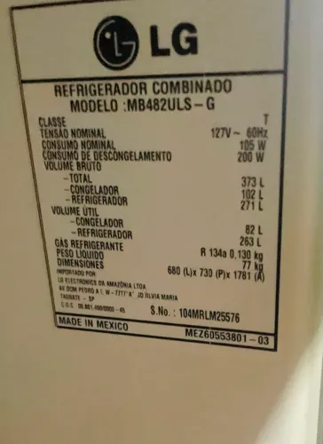 Geladeira LG com defeito mb482uls-g Frost Free