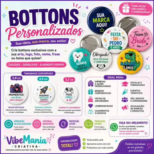 Bottons Personalizados - Lembrancinhas, Festas e Eventos | Vários Tamanhos
